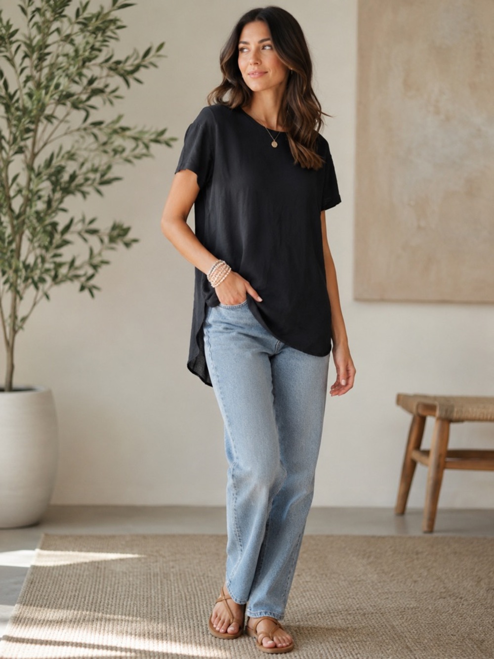 Acrobat 100% Silk Black Short Sleeve Draped High Low Tee